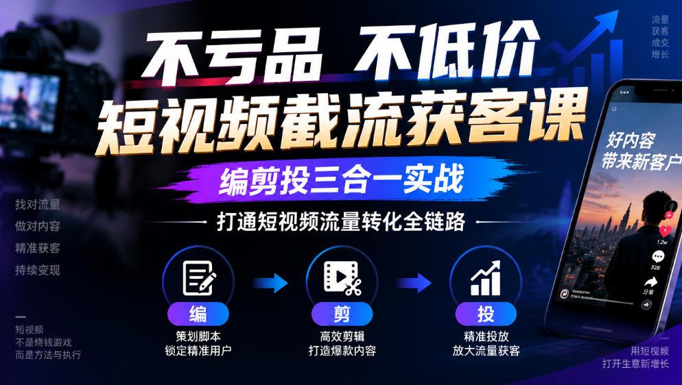 不亏品不低价短视频截流获客课,编剪投三合一实战,打通短视频流量转化全链路 图1