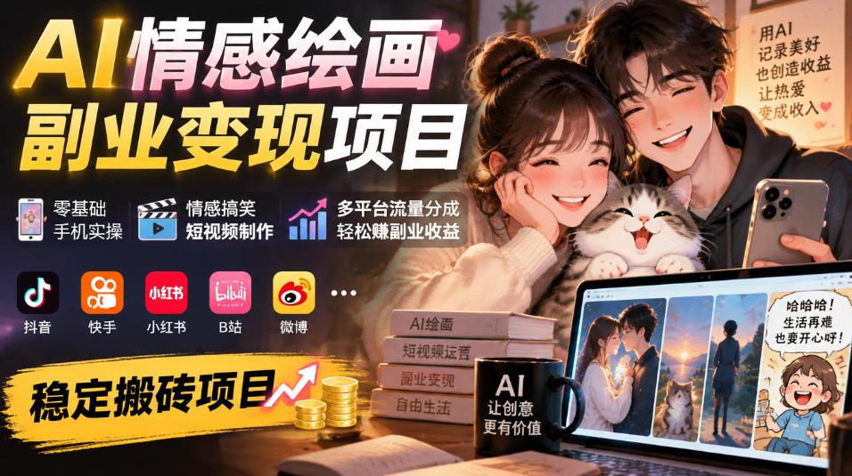 AI情感绘画副业变现项目|零基础手机实操,情感搞笑短视频制作,多平台流量分成轻松賺副业收益 图1