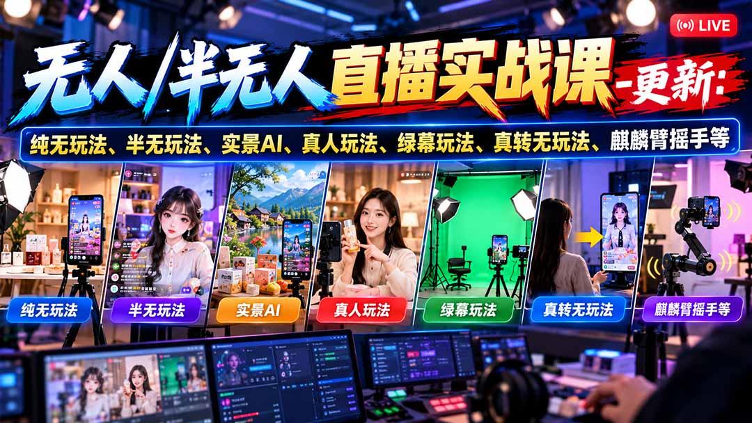 无人/半无人直播实战课-10月20更新:纯无玩法、半无玩法、实景AI、真人玩法、绿幕玩法、真转无玩法、麒麟臂摇手等 图1