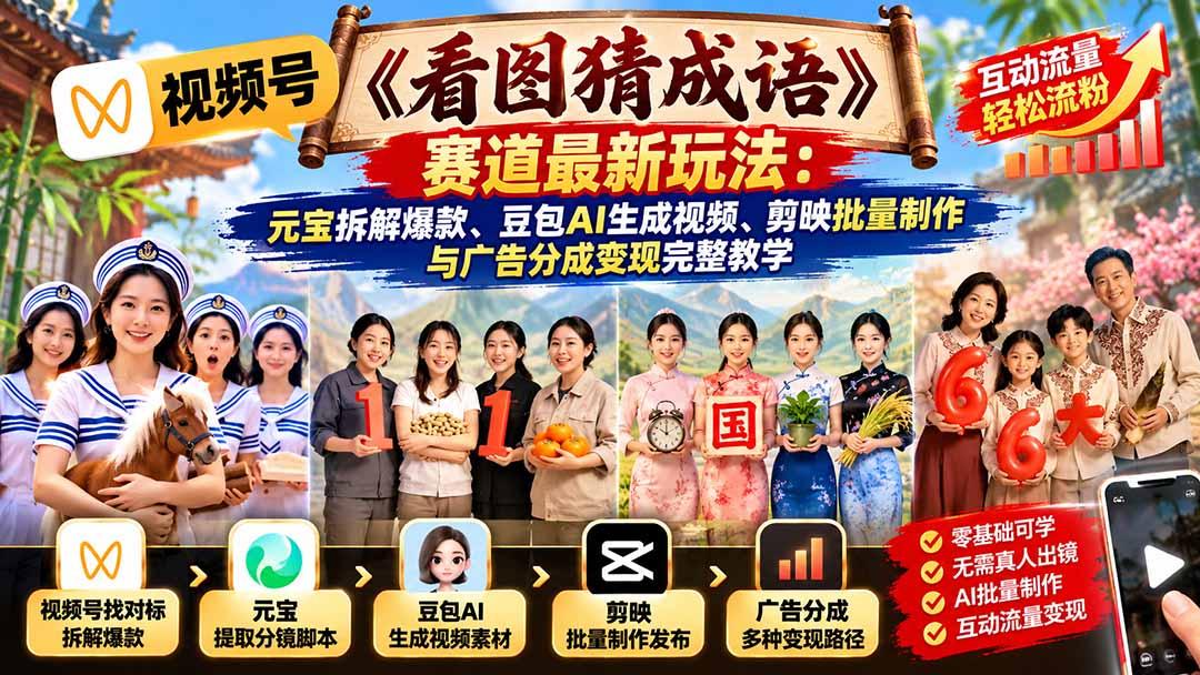 视频号《看图猜成语》赛道最新玩法：元宝拆解爆款、豆包AI生成视频、剪映批量制作与广告分成变现完整教学 图1