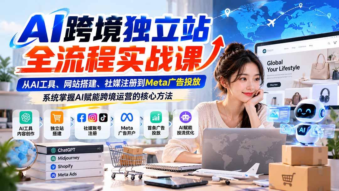 AI跨境独立站全流程实战课:从AI工具、网站搭建、社媒注册到Meta广告投放,系统掌握AI赋能跨境运营的核心方法 图1