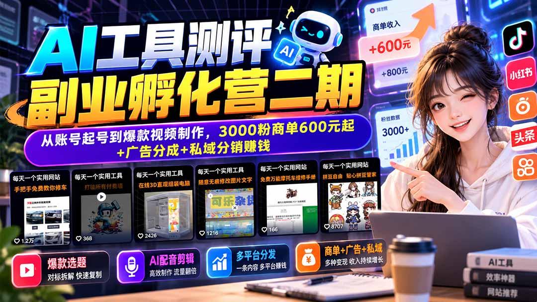 AI工具测评副业孵化营二期:从账号起号到爆款视频制作,3000粉商单600元起+广告分成+私域分销赚钱 图1