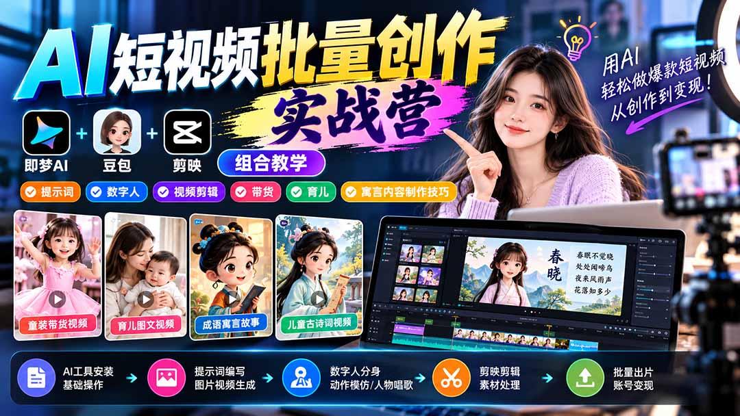 【无水印】AI短视频批量创作实战营:即梦+豆包+剪映组合教学,提示词/数字人/视频剪辑/带货/育儿/寓言内容制作技巧 图1