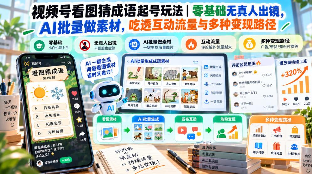 视频号看图猜成语起号玩法|零基础无真人出镜,AI批量做素材,吃透互动流量与多种变现路径 图1
