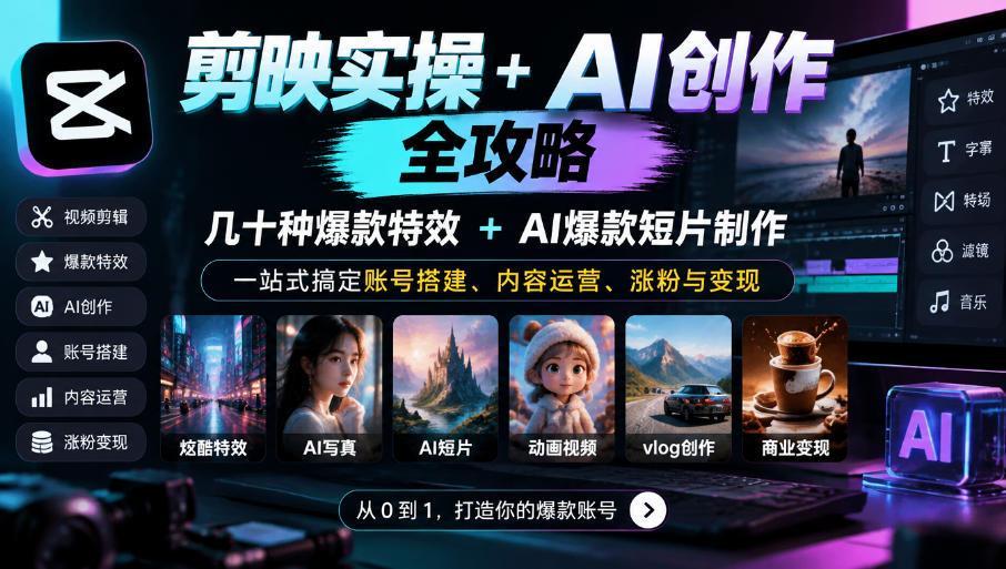 剪映实操+AI创作全攻略|几十种爆款特效+AI爆款短片制作,一站式搞定账号搭建、内容运营、涨粉与变现 图1