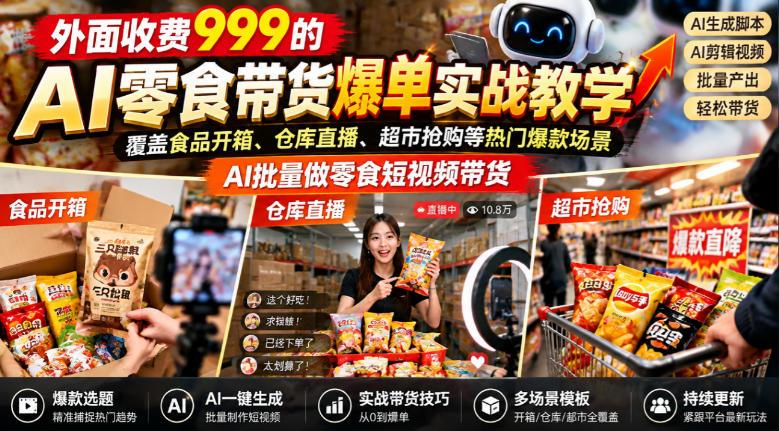 外面收费999的AI零食带货爆单实战教学,覆盖食品开箱、仓库直播、超市抢购等热门爆款场景,AI批量做零食短视频带货 图1
