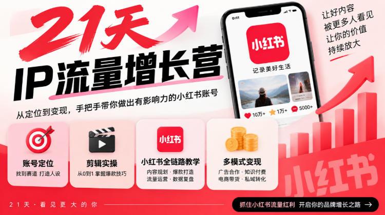 21天IP流量增长营,小红书全链路教学,账号定位剪辑实操,多模式变现系统课 图1