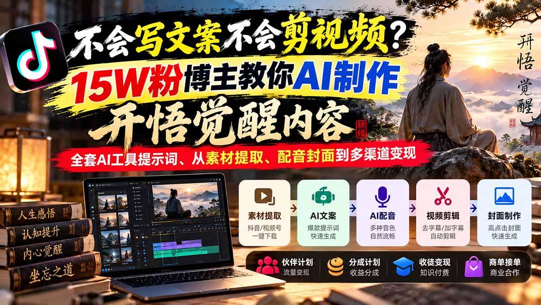 不会写文案不会剪视频？15W粉博主教你AI制作开悟觉醒内容，全套AI工具提示词、从素材提取、配音封面到多渠道变现 图1