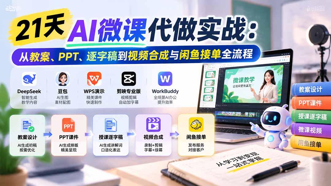 21天AI微课代做实战：从教案、PPT、逐字稿到视频合成与闲鱼接单全流程 图1