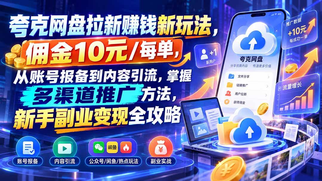 夸克网盘拉新赚钱新玩法,佣金10元/每单,从账号报备到内容引流,掌握多渠道推广方法,新手副业变现全攻略 图1