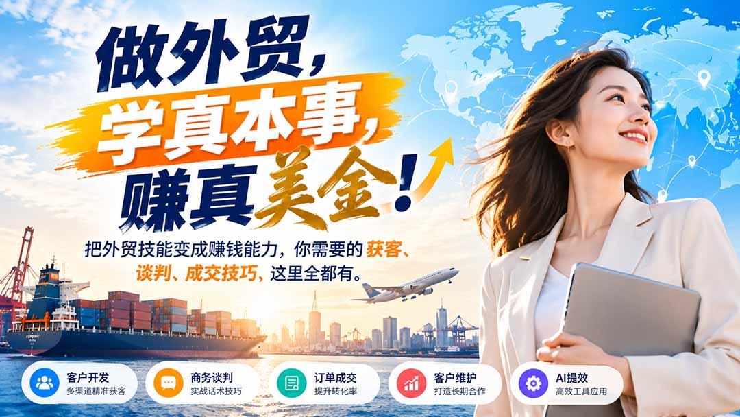 做外贸,学真本事,赚真美金!把外贸技能变成赚钱能力,你需要的获客、谈判、成交技巧,这里全都有 图1