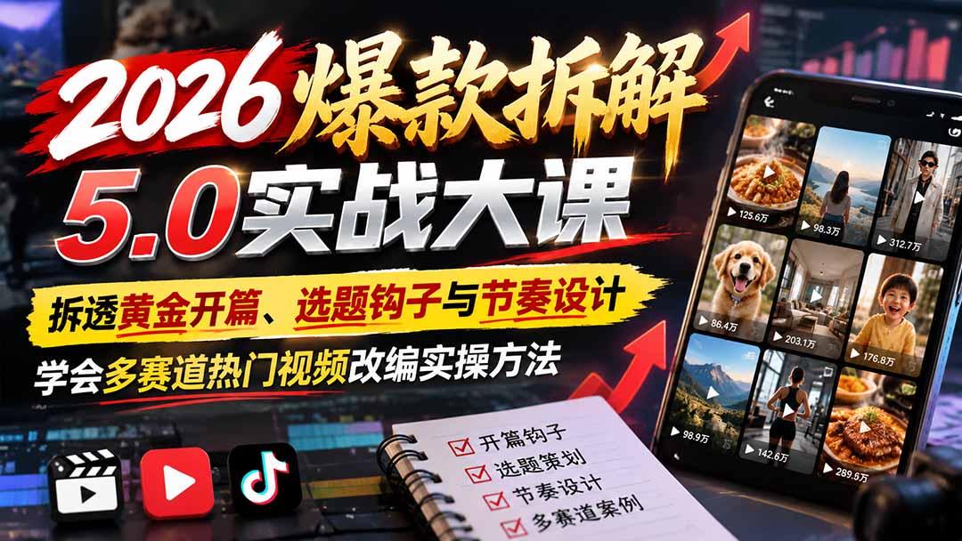 2026爆款拆解5.0实战大课:拆透黄金开篇、选题钩子与节奏设计,学会多赛道热门视频改编实操方法 图1