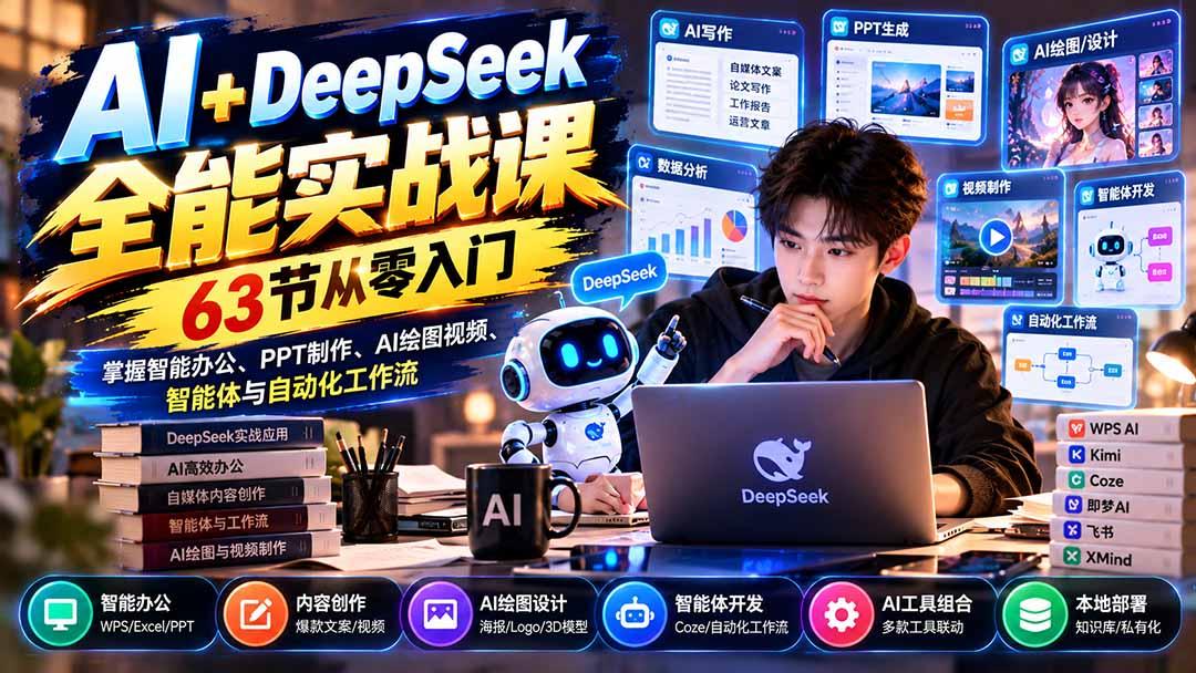 AI+DeepSeek全能实战课：63节从零入门，掌握智能办公、PPT制作、AI绘图视频、智能体与自动化工作流 图1