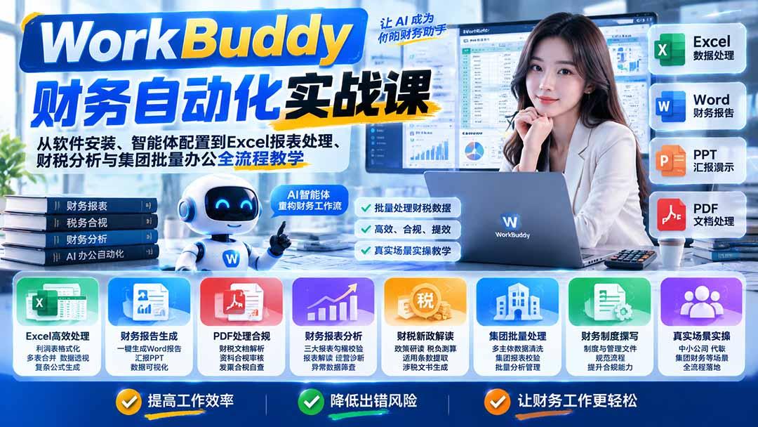 WorkBuddy财务自动化实战课:从软件安装、智能体配置到Excel报表处理、财税分析与集团批量办公全流程教学 图1