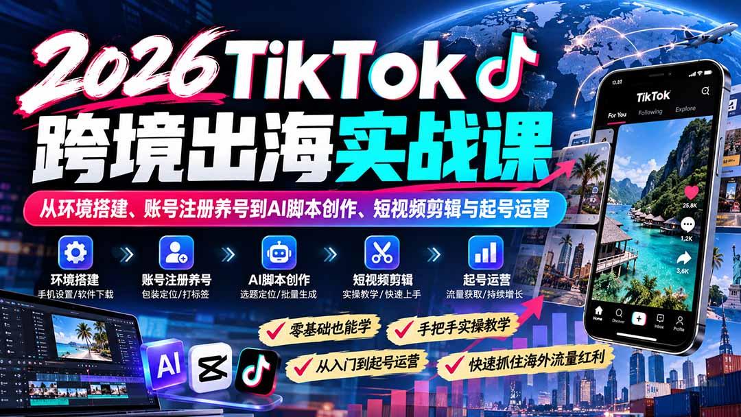 2026TikTok跨境出海实战课：从环境搭建、账号注册养号到AI脚本创作、短视频剪辑与起号运营 图1