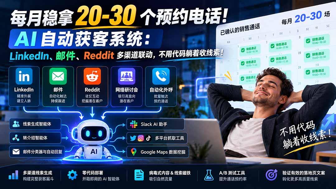 每月稳拿 20-30 个预约电话!AI 自动获客系统:LinkedIn、邮件、Reddit 多渠道联动,不用代码躺着收线索! 图1
