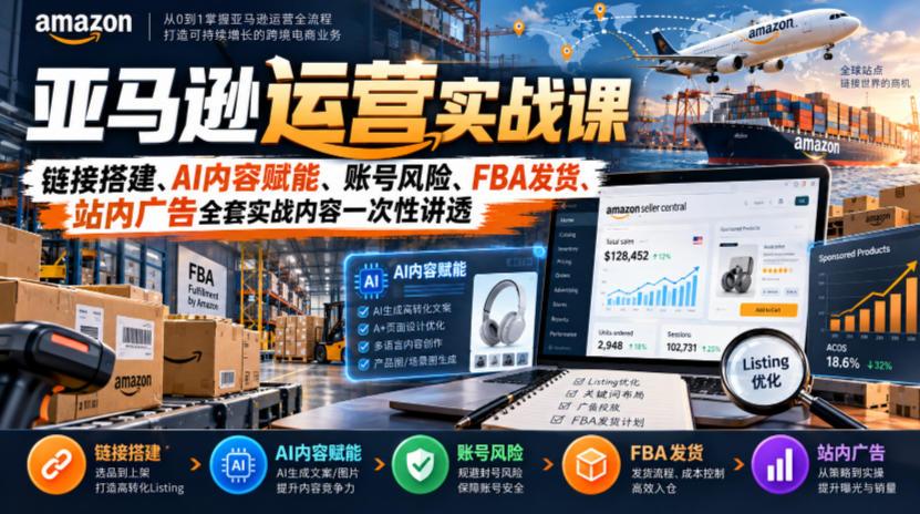 亚马逊运营实战课,链接搭建、AI内容赋能、账号风险、FBA发货、站内广告全套实战内容一次性讲透 图1