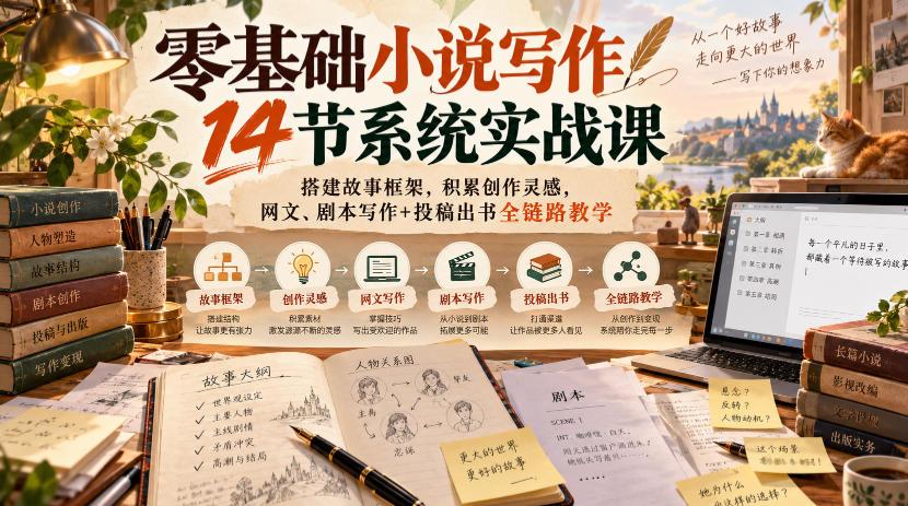 零基础小说写作14节系统实战课,搭建故事框架,积累创作灵感,网文、剧本写作+投稿出书全链路教学 图1