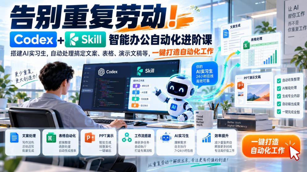 告别重复劳动！Codex+Skill智能办公自动化进阶课｜搭建AI实习生，自动处理搞定文案、表格、演示文稿等，一键打造自动化工作 图1