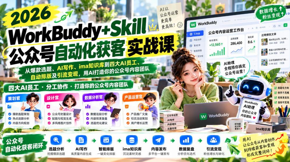 2026WorkBuddy+Skill公众号自动化获客实战课，从爆款选题、AI写作、ima知识库到四大AI员工、自动排版及引流变现，用AI打造你的公众号内容团队 图1