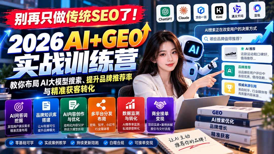 别再只做传统SEO了!《2026AI+GEO实战训练营》教你布局AI大模型搜索、提升品牌推荐率与精准获客转化 图1