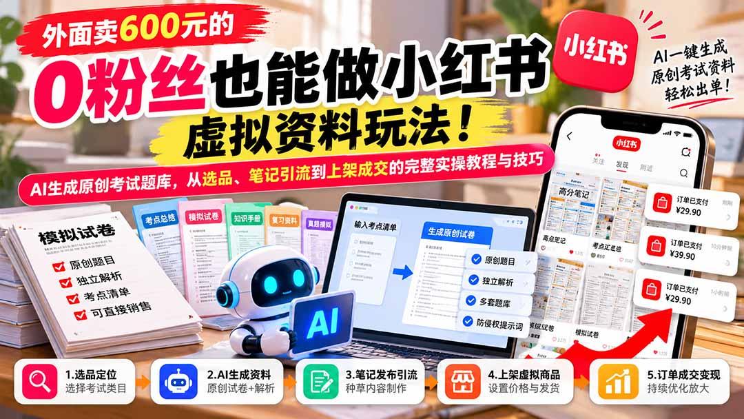 外面卖600元的 零粉丝也能做小红书虚拟资料玩法!AI生成原创考试题库,从选品、笔记引流到上架成交的完整实操教程 图1