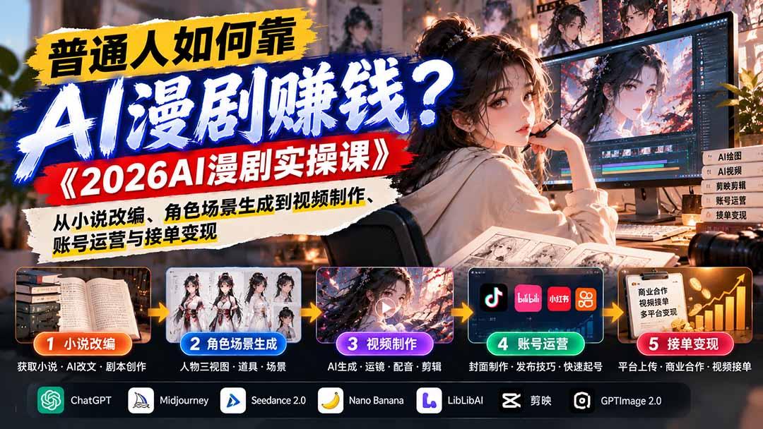 普通人如何靠AI漫剧赚钱?《2026AI漫剧实操课》从小说改编、角色场景生成到视频制作、账号运营与接单变现 图1