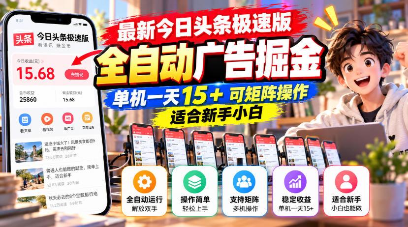 最新今日头条极速版全自动广告掘金，单机一天15+可矩阵操作适合新手小白 图1