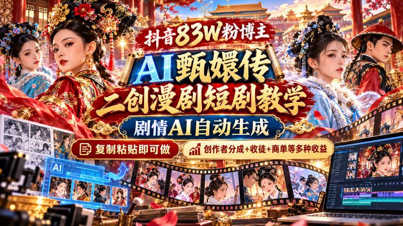抖音83W粉博主AI甄嬛传二创漫剧短剧教学|剧情AI自动生成,复制粘贴即可做,各大平台创作者分成+收徒等多种收益 图1