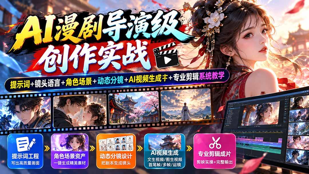 AI漫剧导演级创作实战:提示词+镜头语言+角色场景+动态分镜+AI视频生成+专业剪辑系统教学 图1
