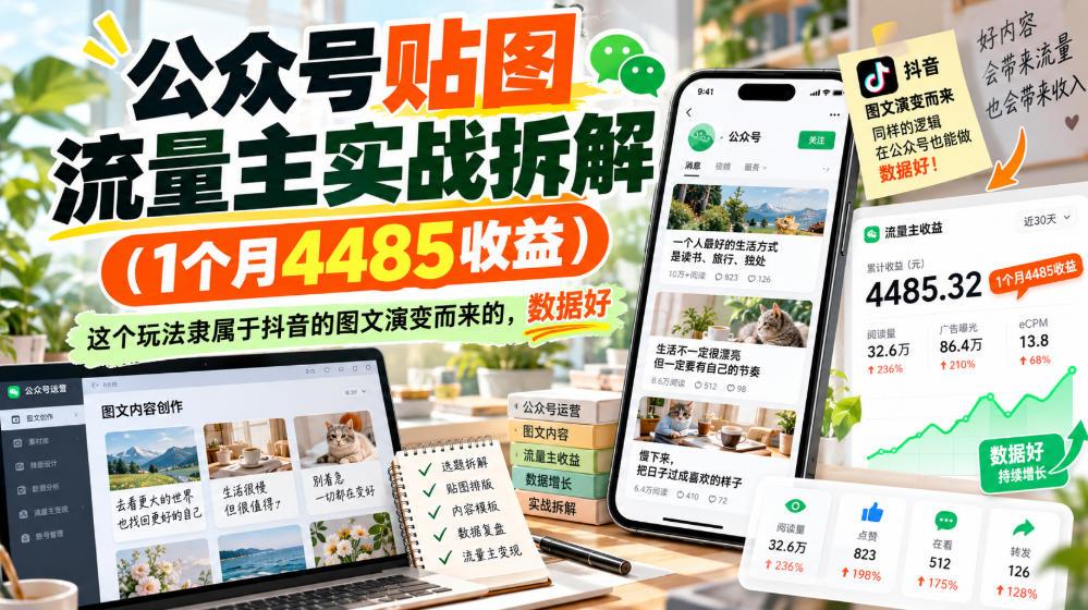 公众号贴图流量主实战拆解(1个月4485收益)，这个玩法隶属于抖音的图文演变而来的，数据好 图1