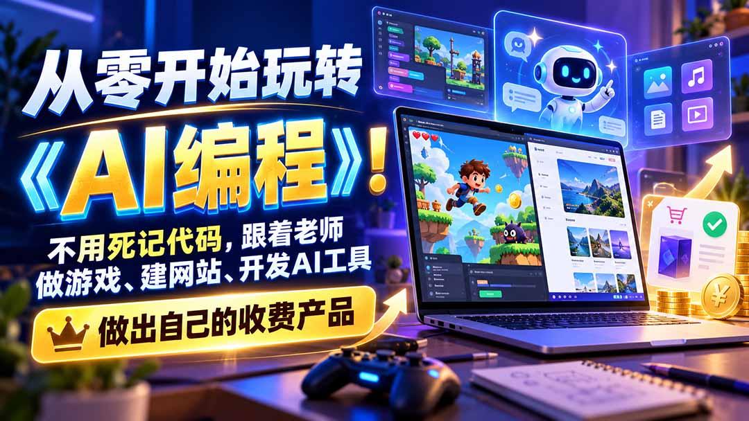 从零开始玩转《AI编程》!不用死记代码,跟着老师做游戏、建网站、开发AI工具,最后完成自己的收费产品 图1