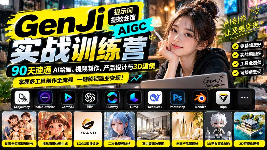 GenJi AIGC实战训练营:90天速通AI绘画、视频制作、产品设计与3D建模,掌握多工具创作全流程 图1