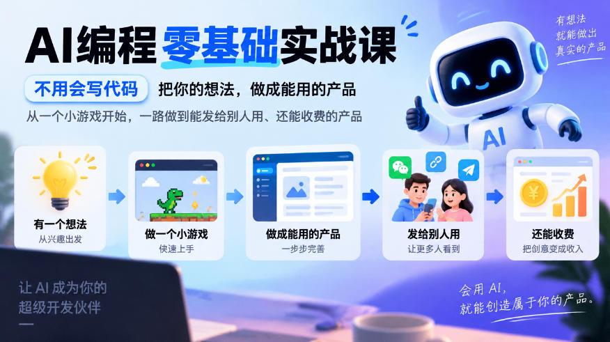 AI编程零基础实战课,不用会写代码,把你的想法,做成能用的产品,从一个小游戏开始,一路做到能发给别人用、还能收费的产品 图1
