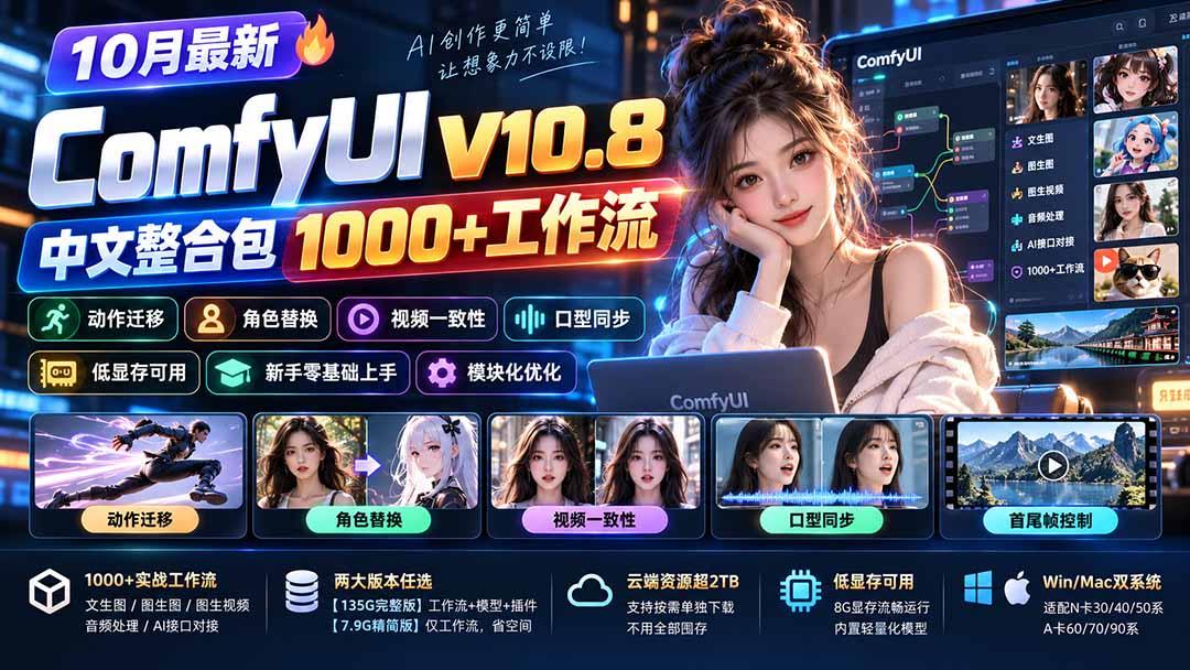 10月最新ComfyUI V10.8中文整合包 1000+工作流 动作迁移 角色替换 视频一致性 口型同步 低显存可用 图1
