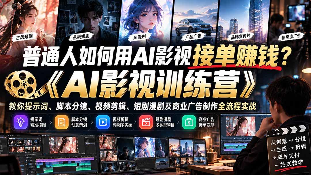 普通人如何用AI影视接单赚钱?《AI影视训练营》教你提示词、脚本分镜、视频剪辑、短剧漫剧及商业广告制作全流程实战 图1