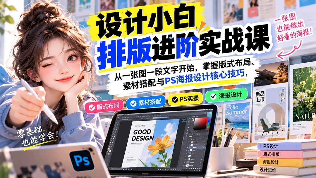 设计小白排版进阶实战课：从一张图一段文字开始，掌握版式布局、素材搭配与PS海报设计核心技巧 图1