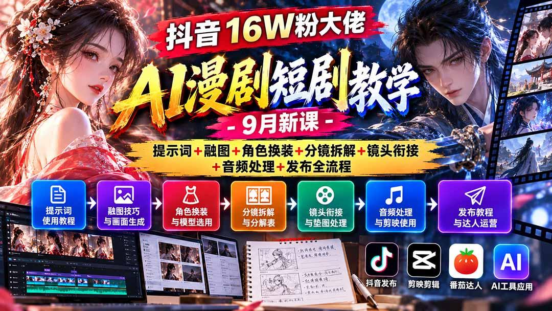 抖音16W粉大佬AI漫剧短剧教学-9月新课：提示词+融图+角色换装+分镜拆解+镜头衔接+音频处理+发布全流程 图1