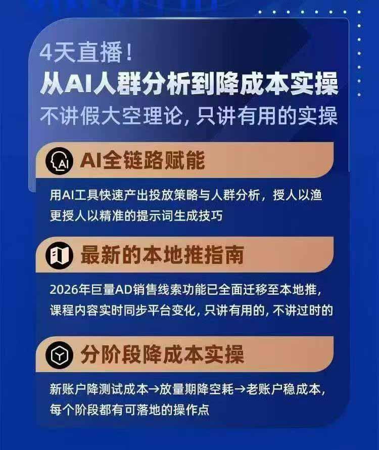 2026巨量AD本地推线索获客全流程实战课-33期:AI人群分析、账户搭建、7天测试、分阶段降本与投放优化 图3