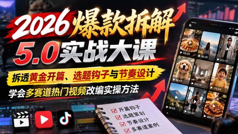 2026爆款拆解5.0实战大课:拆透黄金开篇、选题钩子与节奏设计,学会多赛道热门视频改编实操方法-三零资源