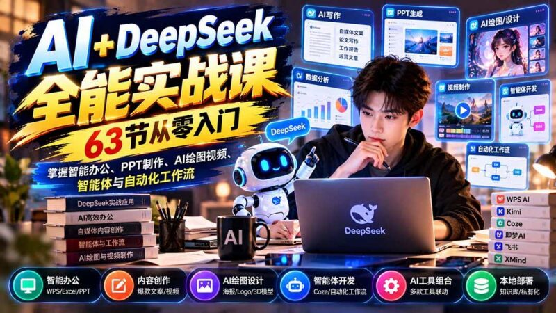 AI+DeepSeek全能实战课：63节从零入门，掌握智能办公、PPT制作、AI绘图视频、智能体与自动化工作流 三零资源-三零资源