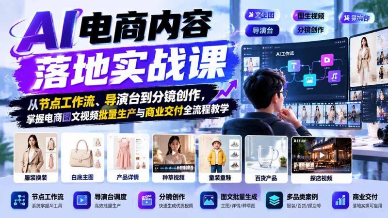 AI电商内容落地实战课:从节点工作流、导演台到分镜创作,掌握电商图文视频批量生产与商业交付全流程教学 三零资源-三零资源