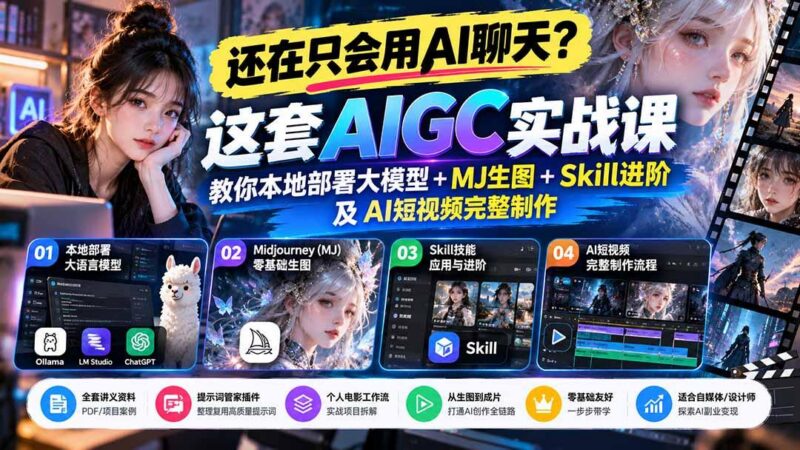 【无水印】还在只会用AI聊天?这套AIGC实战课教你本地部署大模型+MJ生图+Skill进阶及AI短视频完整制作 三零资源-三零资源
