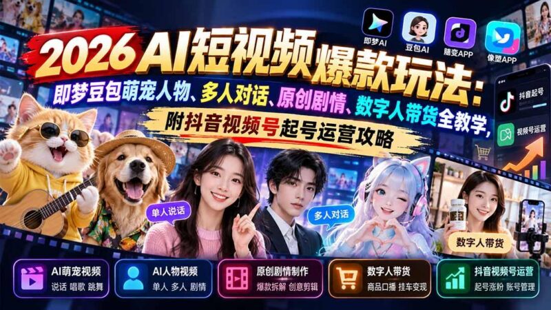 2026AI短视频爆款玩法:即梦豆包萌宠人物、多人对话、原创剧情、数字人带货全教学,附抖音视频号起号运营攻略 三零资源-三零资源