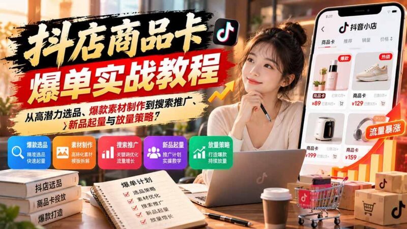 抖店商品卡爆单实战教程：从高潜力选品、爆款素材制作到搜索推广、新品起量与放量策略 三零资源-三零资源