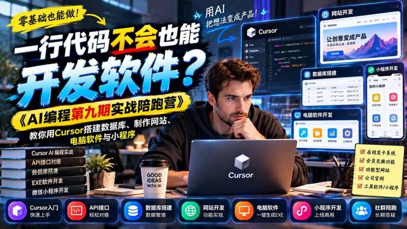 一行代码不会也能开发软件?《AI编程第九期实战陪跑营》教你用Cursor搭建数据库、制作网站、电脑软件与小程序 三零资源-三零资源