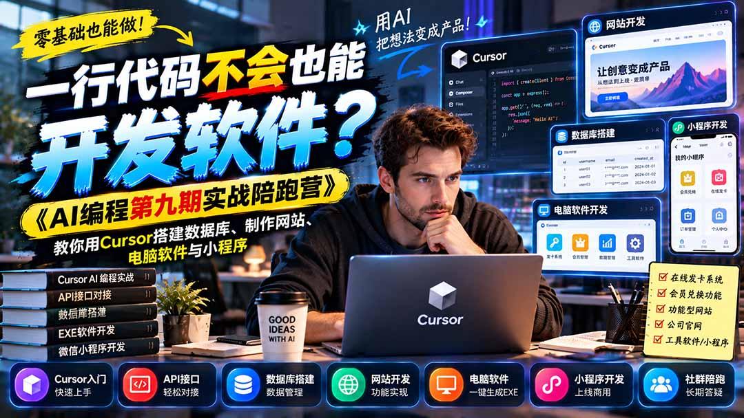 一行代码不会也能开发软件?《AI编程第九期实战陪跑营》教你用Cursor搭建数据库、制作网站、电脑软件与小程序