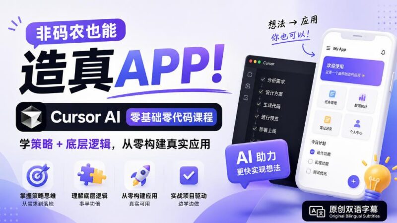 非码农也能造真APP!Cursor AI零基础零代码课程:学策略+底层逻辑,从零构建真实应用【原创双语字幕】-三零资源