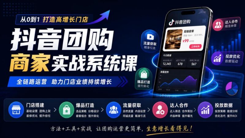 抖音团购商家实战系统课|门店搭建、爆品打造、流量获取、达人合作、投放数据全链路运营-三零资源
