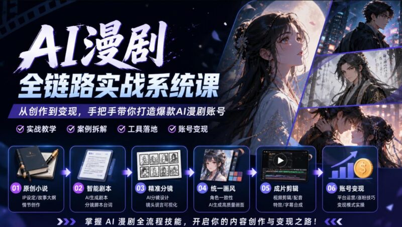 AI漫剧全链路实战系统课|原创小说、智能剧本、精准分镜、统一画风、成片剪辑、账号变现实操教学-三零资源